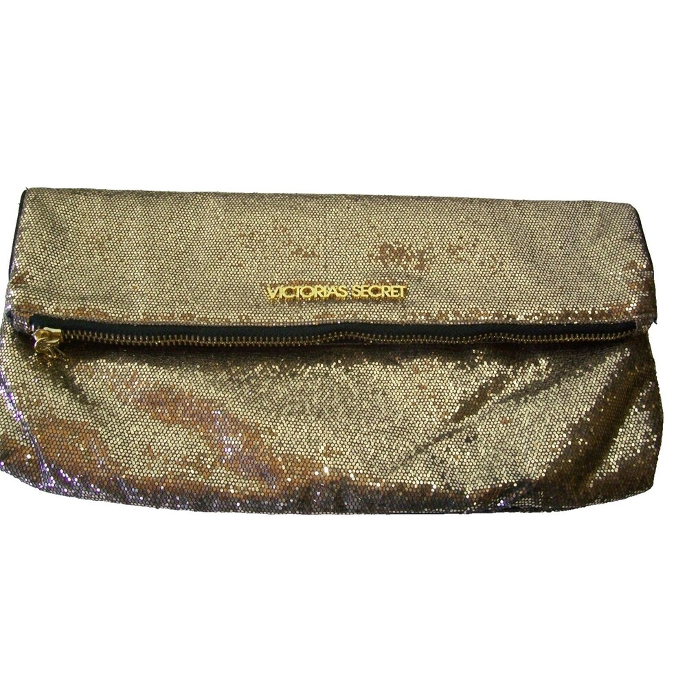 Victoria's Secret Gold Glitter Clutch Bag Fold-Over Zip Makeup
